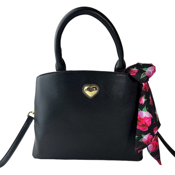 Betsey Johnson Gigi Triple Compartment Satchel W/ Scarf Black Purse Shoulder Bag - Picture 12 of 13